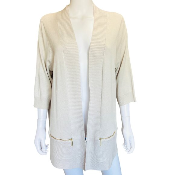 Magaschoni Beige Cardigan Open Front w/ Zipper Pockets 3/4 Sleeves Womens Sz 1X - Picture 1 of 9